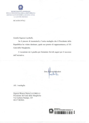 Riconoscimento Presidente della Repubblica Italiana al Gala delle Margherite.